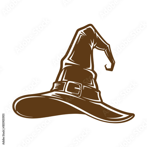 Vintage Brown witch hat with belt and buckle isolated on transparent background