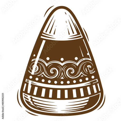 Vintage Decorative brown gingerbread cone with white icing details isolated on white background  sweet holiday treat