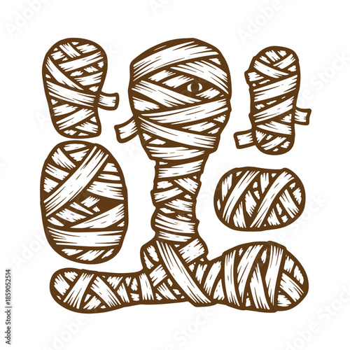 Vintage illustration of a mummy hand with bandages on fingers and palm  isolated on white background