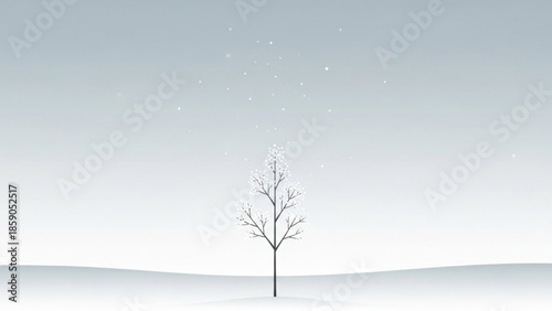 Bare tree standing alone in snowy landscape with snowfall