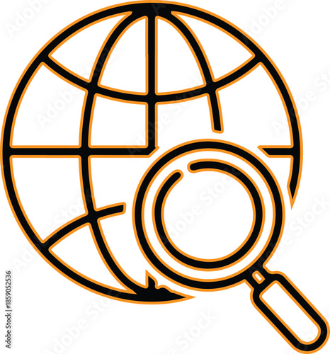 Magnifying glass searching global network icon
