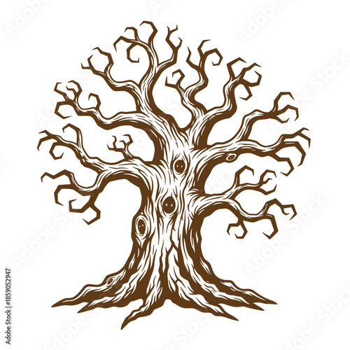 Vintage tree with many branches and roots on white background