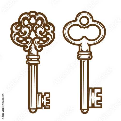 Vintage Two antique style keys with ornate designs and shapes on white background