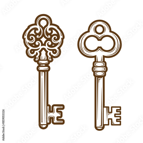 Vintage Two antique style keys with ornate designs on white background  old fashioned skeleton keys