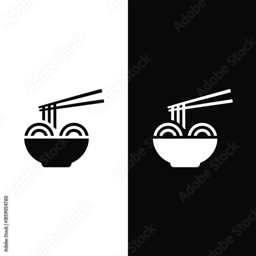 Stylized icon of an Asian noodle bowl with chopsticks in a dual monochrome design