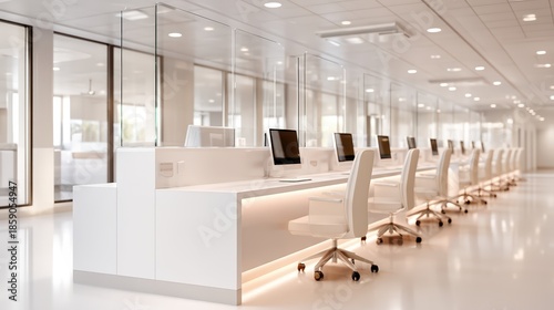 A modern office space featuring sleek white desks, ergonomic chairs, and glass partitions, maximizing light and minimizing distractions for productivity.