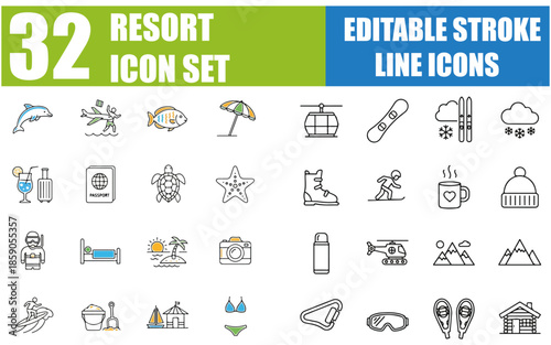 Resort and Hotel Line Icons Set, Editable Stroke Vector Illustration of Travel, Tourism, Beach, Wellness, Landscape, Hotel Service, Vacation and Relaxation Symbols