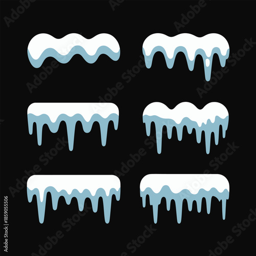 Set of various cartoon snow caps and icicles with dripping blue ice effect