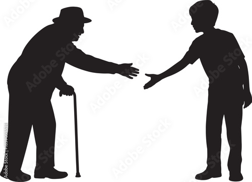 An elder man with a cane and a young boy reaching out to shake hands