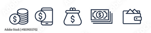 Money and Payment Icons Set Coins Dollar Currency Purse Wallet Cash Bill Payment Online Banking Finance Icon Graphic Element for Website Business Presentation Corporate Identity 200x200