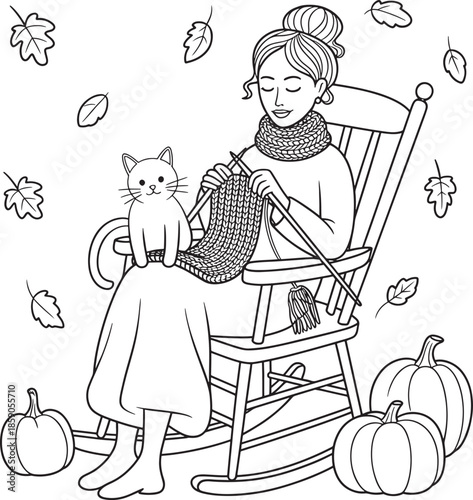 autumn Cozy knitting scene woman cat pumpkins and falling leaves vector illustration line art royalty free stock photos premium quality