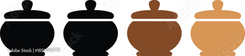 A row of four identical lidded pots in varying shades of black and brown