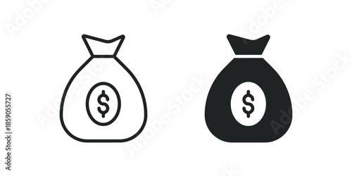 Money Bag Outline and Solid Icons Vector Set on White Background Exactly 200 Chars