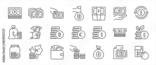 Money line icon set banking and finance linear web sign vector illustration isolated on white background