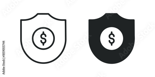 Money Security Shield Outline and Solid Icons Vector Set on White Background Exactly 200 Chars