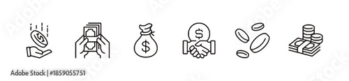 Money line icons set representing various financial concepts such as earning, saving, investing, payment, and transactions for banking, business, and finance applications
