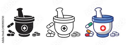 Mortar and Pestle Pharmacy Icons Set with Pills and Tablets for Medication Preparation Compounding and Pharmaceutical Symbol in Black White and Colored Versions