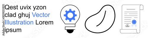 Innovation, certification, efficiency, documentation, technology progress, business solutions. A gear in a light bulb, a bean-shaped object and a certified document. Innovation and certification