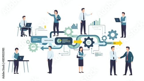 Teamwork and collaboration in a business environment, concept of information flow and strategy