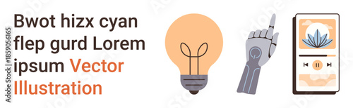 Innovation, creativity, future technology, artificial intelligence, digital interfaces, user experience. Features light bulb, robotic hand music app screen. Innovation and future technology concepts