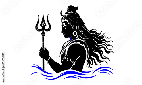 Lord Shiva Silhouette Vector Illustration with Trishul Trident and Waves, Mahadev Hindu God Black Artwork, Maha Shivratri Festival Design, Indian Mythology Religious Graphic