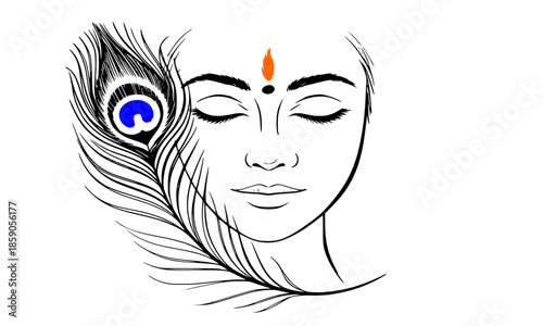 Lord Krishna Face Line Art with Peacock Feather and Tilak, Minimalist Hindu God Vector Illustration, Krishna Janmashtami Festival Design, Indian Mythology Religious Graphic