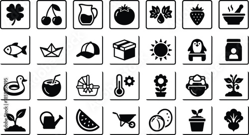 Nature food and lifestyle icon set in black outline style, garden fruit eco symbols graphic collection design