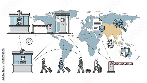 Illustration of global geopolitics and security measures with checkpoints and borders on a world map with various icons and people.