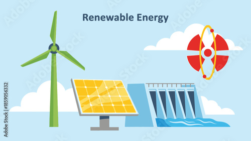 A graphic illustration of renewable energy sources including a wind turbine, solar panel, and hydroelectric dam with a nuclear power plant in a light blue sky with clouds, emphasizing