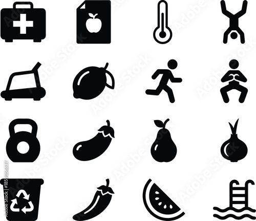 Health fitness and food icon set in solid black style, lifestyle nutrition workout medical symbols graphic collection