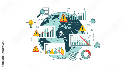 Infographic illustration of a globe with a hacker surrounded by graphs, charts, and warning signs, symbolizing geopolitics and security threats in a digital age with a futuristic and