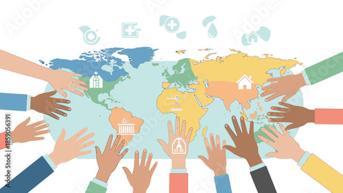 Illustration of diverse hands reaching towards a world map with symbols, conveying global geopolitics and security concepts on a white background with a flat, colorful style.
