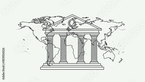An illustration of a classical building with columns and a world map in the background, symbolizing geopolitics and security.