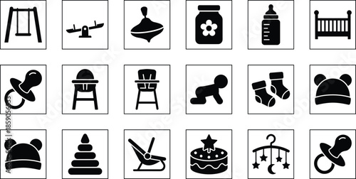 Baby care icon set in solid black style, infant toys furniture feeding accessories symbols for parenting design collection