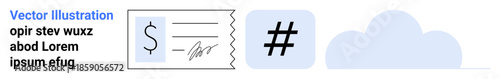 Receipt featuring a dollar sign and signature, metadata tag icon in a blue square, and a cloud graphic. Ideal for payment, fintech, e-commerce, SaaS, digital services, cloud storage simple landing