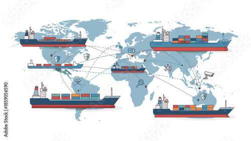 Illustration of cargo ships navigating global trade routes on a world map with connected lines, symbolizing international geopolitics and security in logistics.