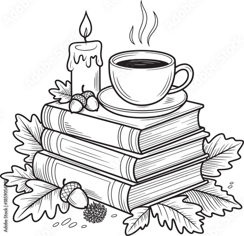 Cozy autumn scene stacked books candle coffee acorns and leaves vector illustration line art royalty free stock photos premium quality