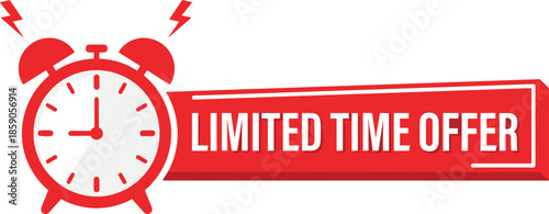 Limited time offer red banner with alarm clock icon, urgency sale promotion concept, discount deal alert graphic design illustration