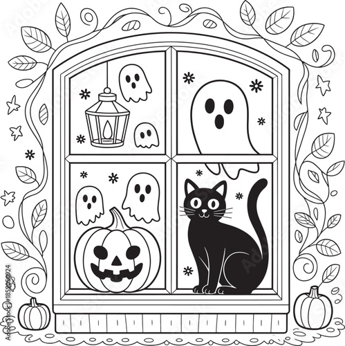 Cozy halloween window scene with black cat and jack-o'-lantern art vector illustration line art royalty free stock photos premium quality
