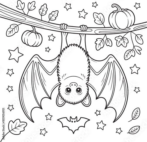 Cute bat hanging upside down from a branch with pumpkins and stars vector illustration line art royalty free stock photos premium quality