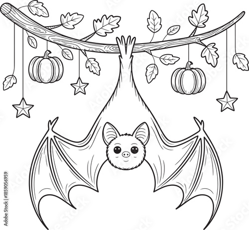 Cute bat hanging upside down with halloween decorations on branch vector illustration line art royalty free stock photos premium quality