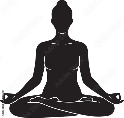 Meditation pose human silhouette, calm minimal artwork, white background.