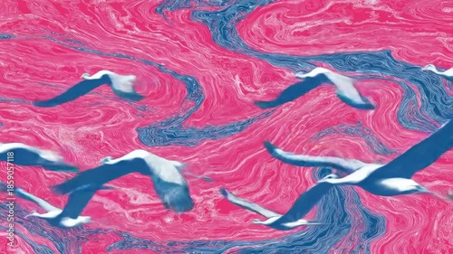 Stylized image of birds in flight against a dynamic, abstract backdrop of pink and blue swirls