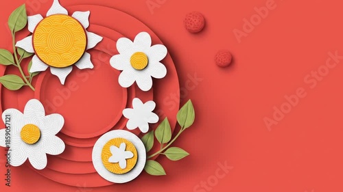 Composition featuring layered red circles, white flowers, leaves, and yellow center elements on a red backdrop