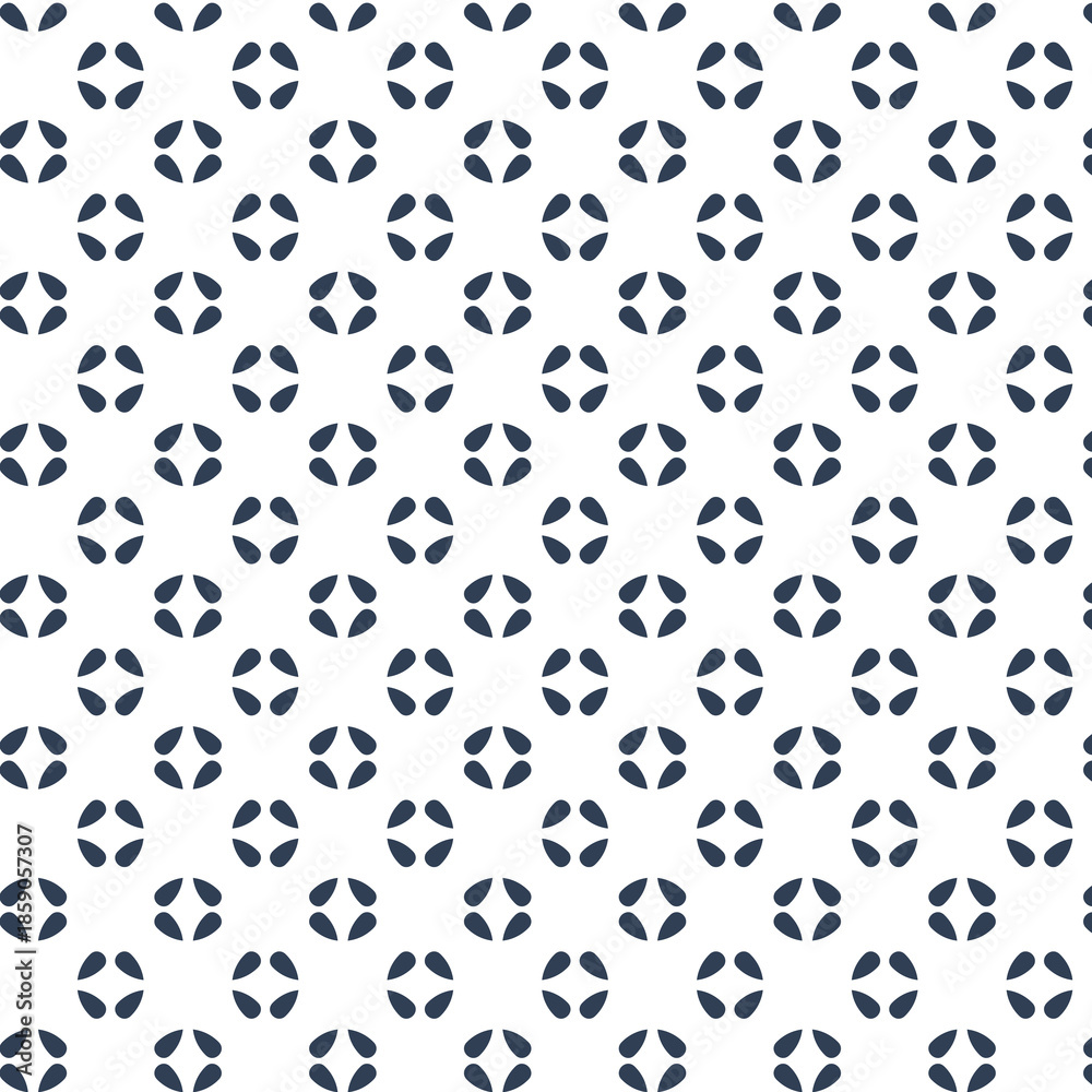 Fototapeta premium Seamless pattern of small dark blue four-petal shapes on white Keywords: pattern, seamless