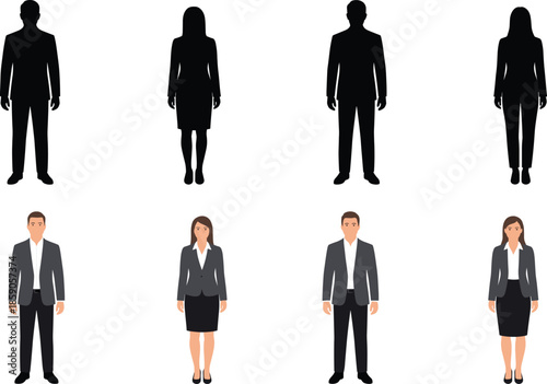 Business people silhouettes and flat characters set, professional men and women standing front view poses, corporate office staff vector