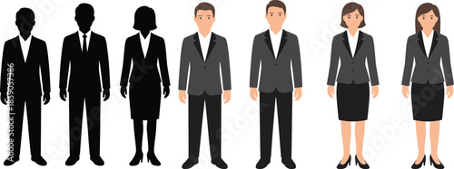 Business people silhouettes and flat characters set, professional men and women standing front view, corporate office staff vector