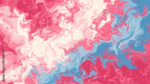 A vibrant abstract composition with swirling pink, blue, and white colors, with silhouetted birds