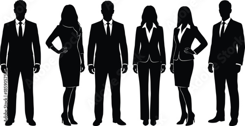 Business people silhouettes group, professional men and women in formal suits standing confident poses, corporate office team isolated vector