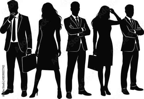 Business people silhouettes group, professional men and women standing confident, corporate team leaders with briefcases isolated vector